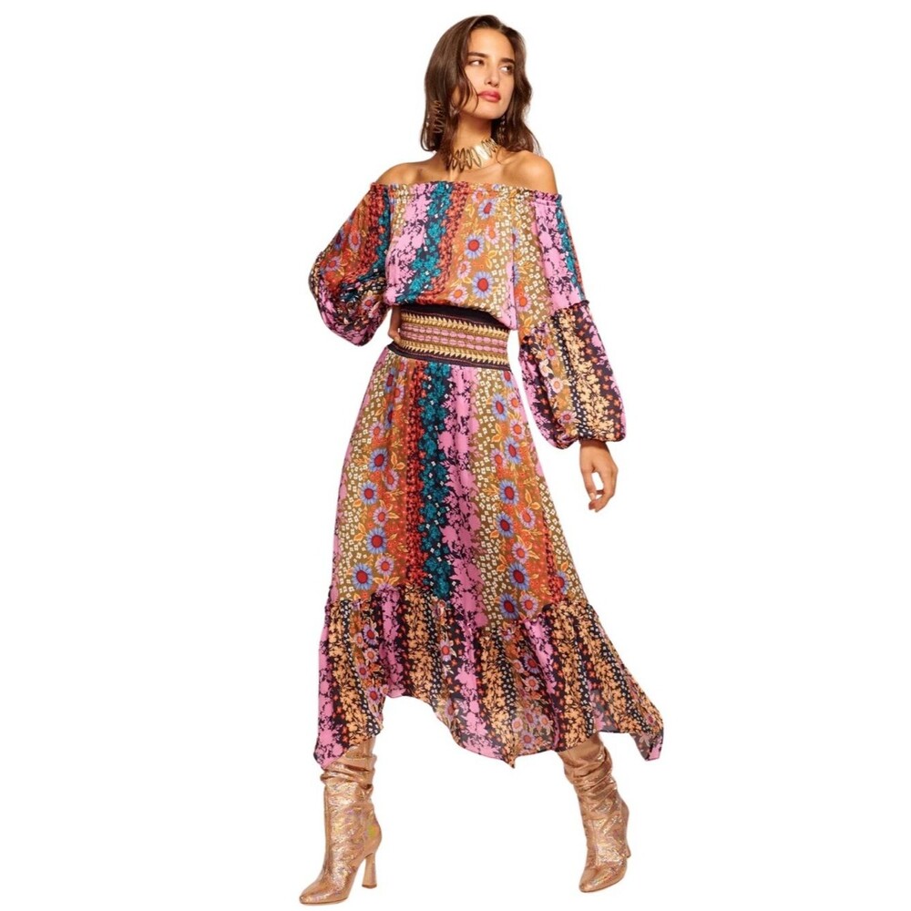 Ramy Brook Danna Floral Patchwork Off The Shoulder Boho Midi Dress Size XS